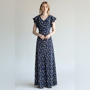 IZ Byer women Blue Floral v neck Maxi dress with front slit size XS Cottagecore